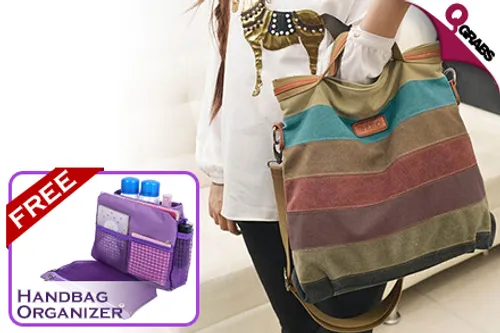 From QR99, Carry It All with Women’s Striped Canvas Messenger Tote Bags - Comes with FREE Travel Organizer Insert! (Up to QR358 Value)